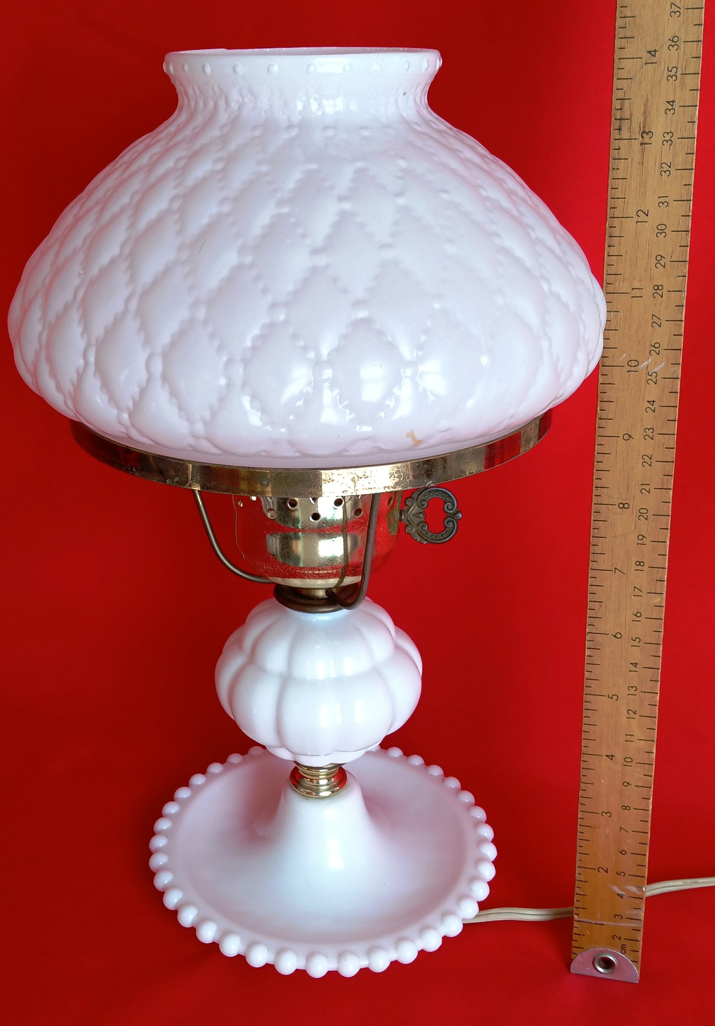 Vintage Milk Glass Lamp Beaded Tray Base Quilted Diamond Pattern Shade Parlor Table Statement Lamp GWTW Style Retro Lighting