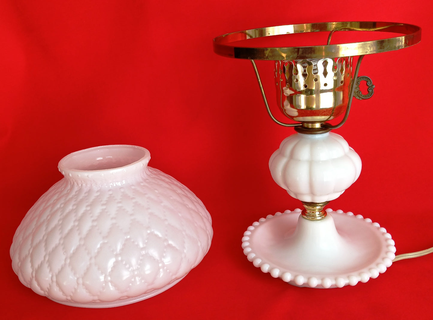 Vintage Milk Glass Lamp Beaded Tray Base Quilted Diamond Pattern Shade Parlor Table Statement Lamp GWTW Style Retro Lighting