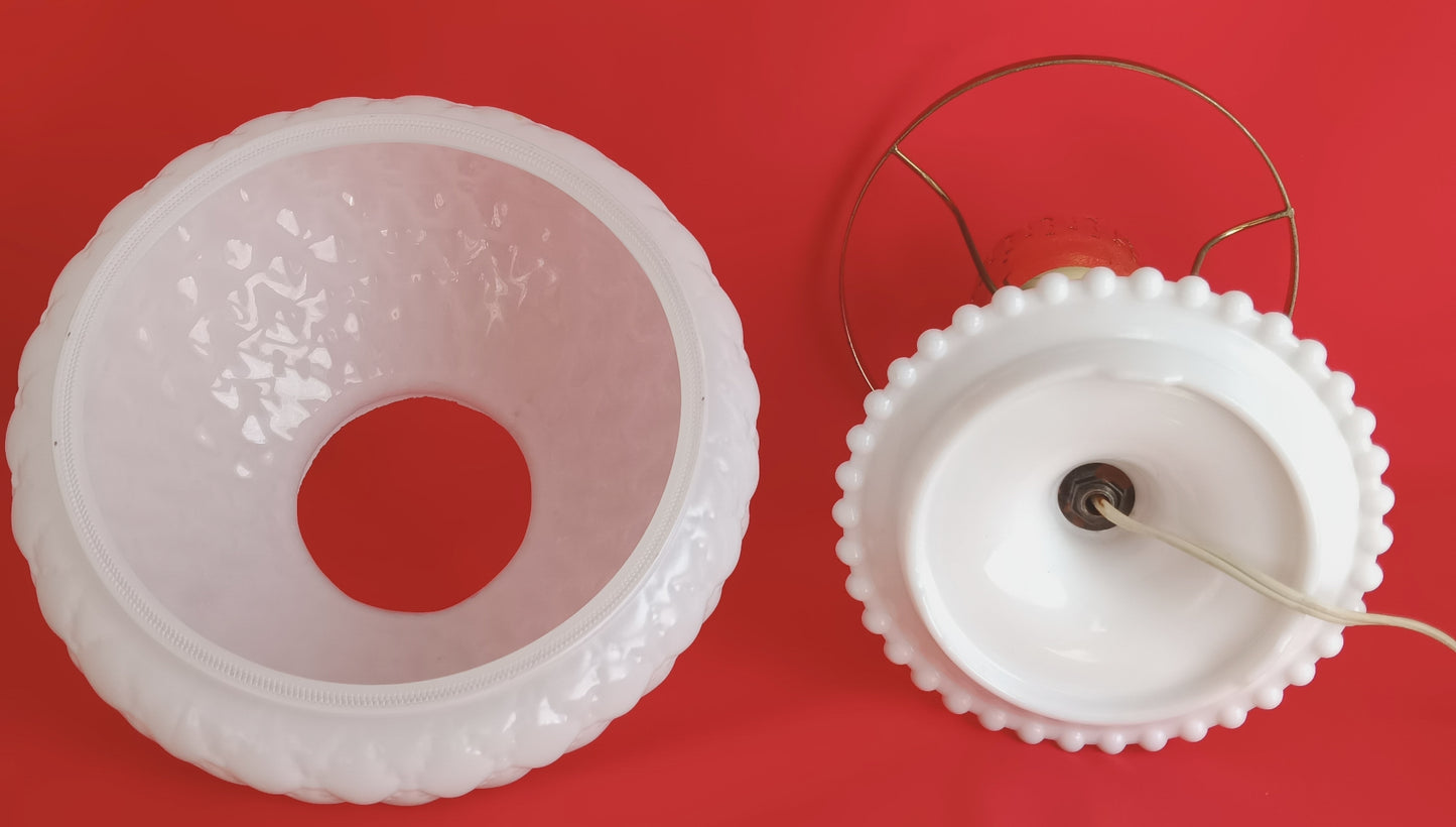 Vintage Milk Glass Lamp Beaded Tray Base Quilted Diamond Pattern Shade Parlor Table Statement Lamp GWTW Style Retro Lighting