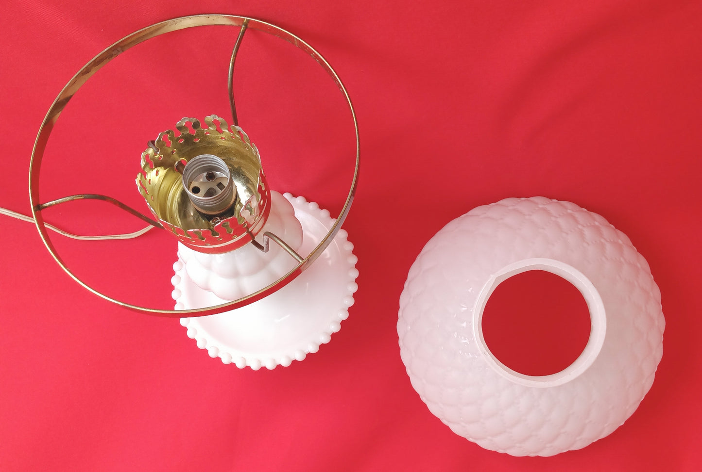 Vintage Milk Glass Lamp Beaded Tray Base Quilted Diamond Pattern Shade Parlor Table Statement Lamp GWTW Style Retro Lighting