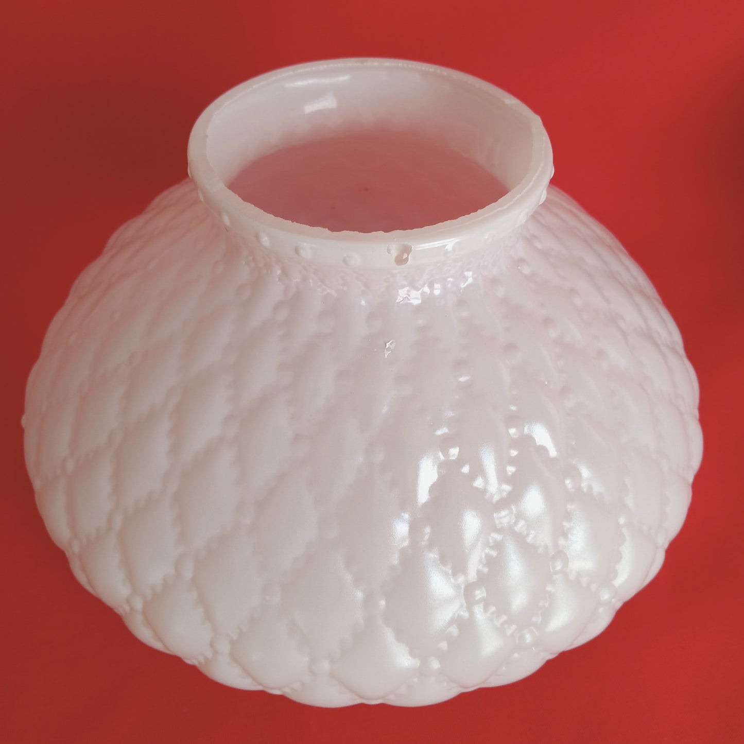Vintage Milk Glass Lamp Beaded Tray Base Quilted Diamond Pattern Shade Parlor Table Statement Lamp GWTW Style Retro Lighting