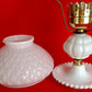 Vintage Milk Glass Lamp Beaded Tray Base Quilted Diamond Pattern Shade Parlor Table Statement Lamp GWTW Style Retro Lighting