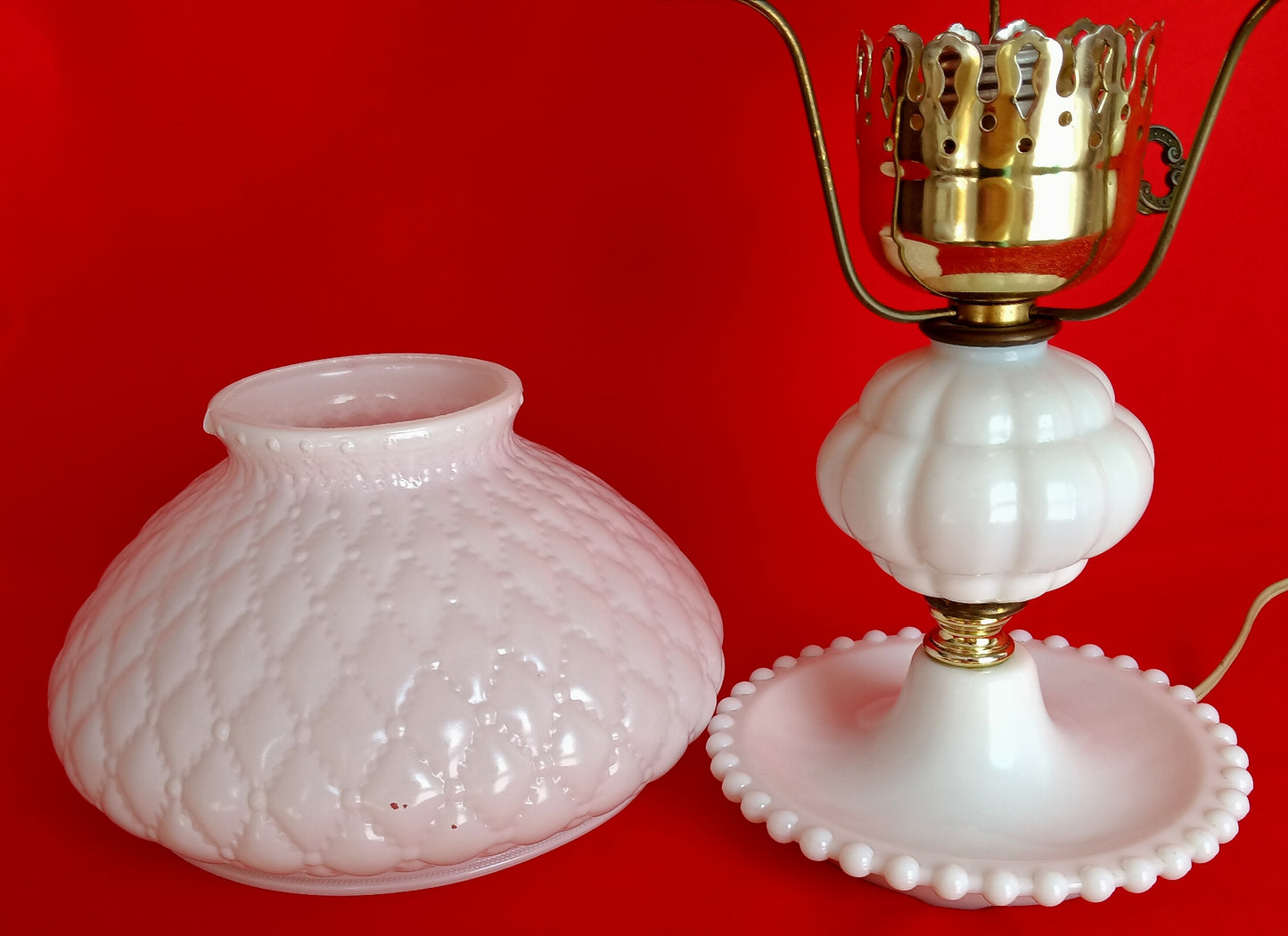 Vintage Milk Glass Lamp Beaded Tray Base Quilted Diamond Pattern Shade Parlor Table Statement Lamp GWTW Style Retro Lighting