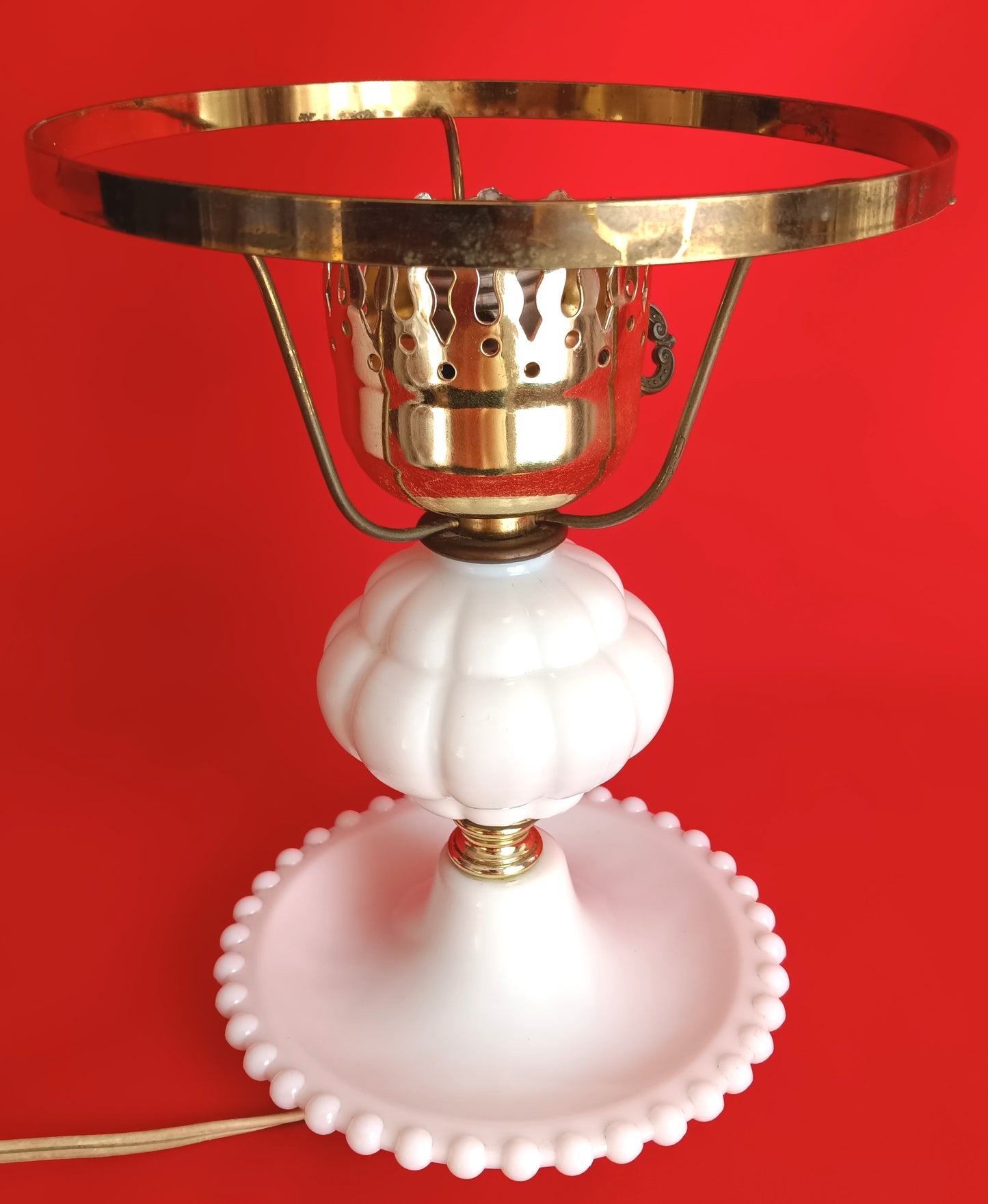 Vintage Milk Glass Lamp Beaded Tray Base Quilted Diamond Pattern Shade Parlor Table Statement Lamp GWTW Style Retro Lighting