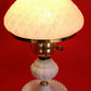 Vintage Milk Glass Lamp Beaded Tray Base Quilted Diamond Pattern Shade Parlor Table Statement Lamp GWTW Style Retro Lighting