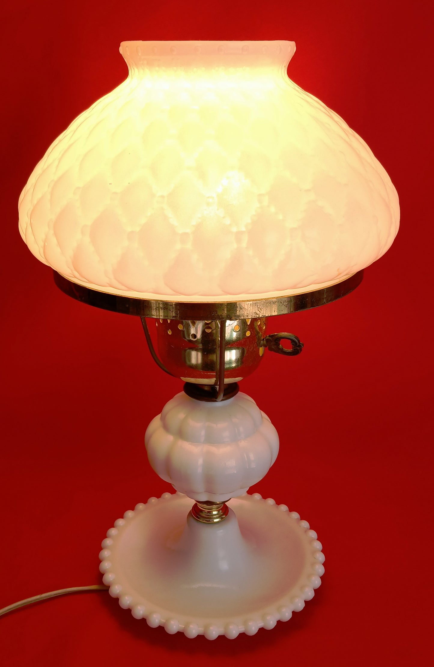 Vintage Milk Glass Lamp Beaded Tray Base Quilted Diamond Pattern Shade Parlor Table Statement Lamp GWTW Style Retro Lighting