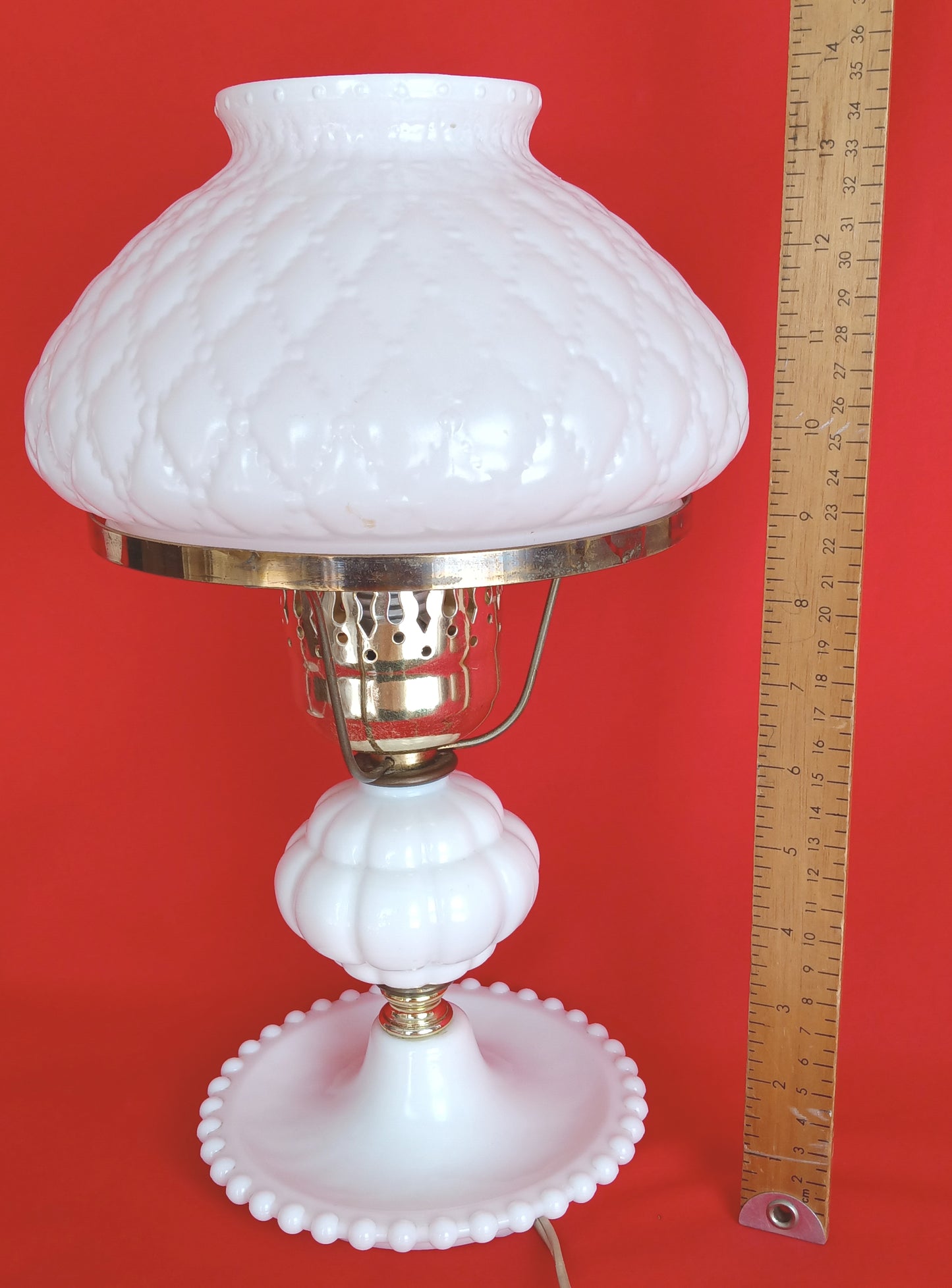 Vintage Milk Glass Lamp Beaded Tray Base Quilted Diamond Pattern Shade Parlor Table Statement Lamp GWTW Style Retro Lighting