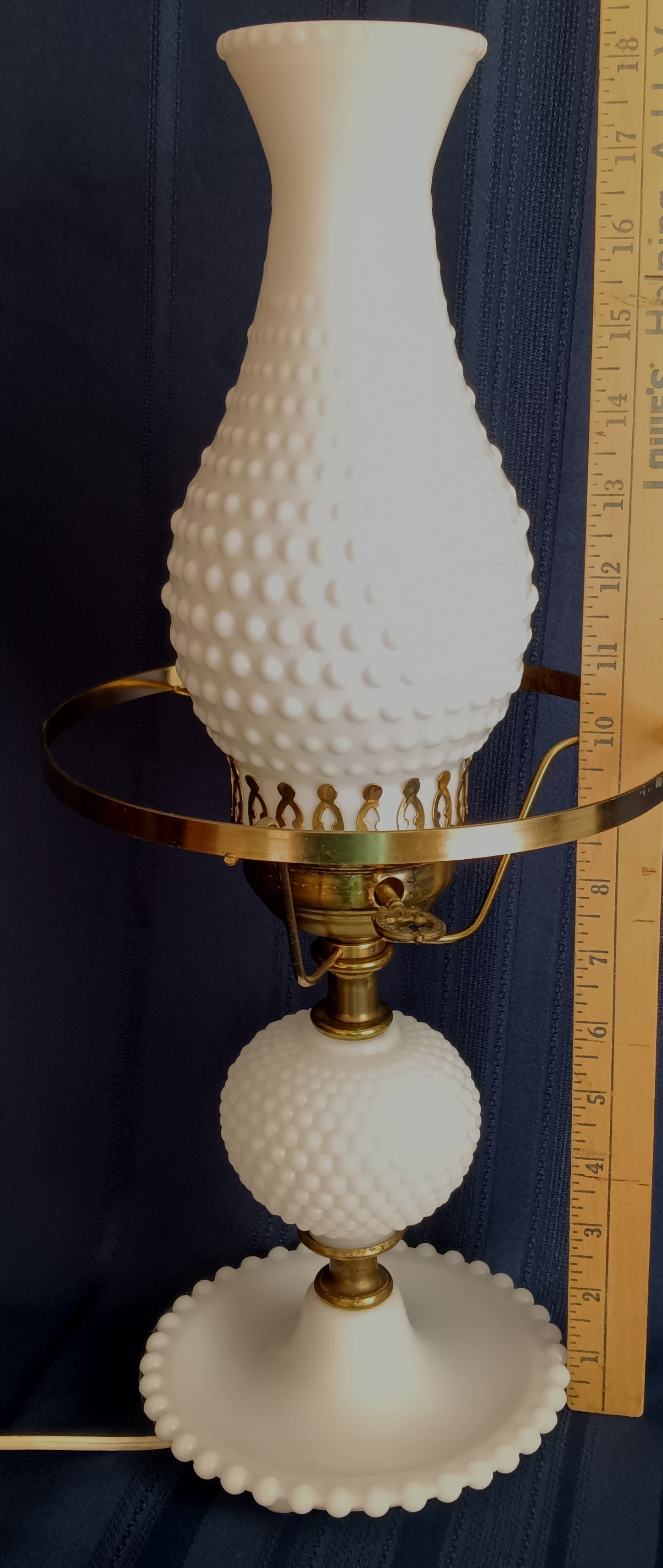 Vintage Milk Glass Hobnail Beaded Footed Table Lamp w/Fenton Hurricane Chimney Shade Desk Boudoir Bedroom Vanity Lamp 18 1/2" Tall