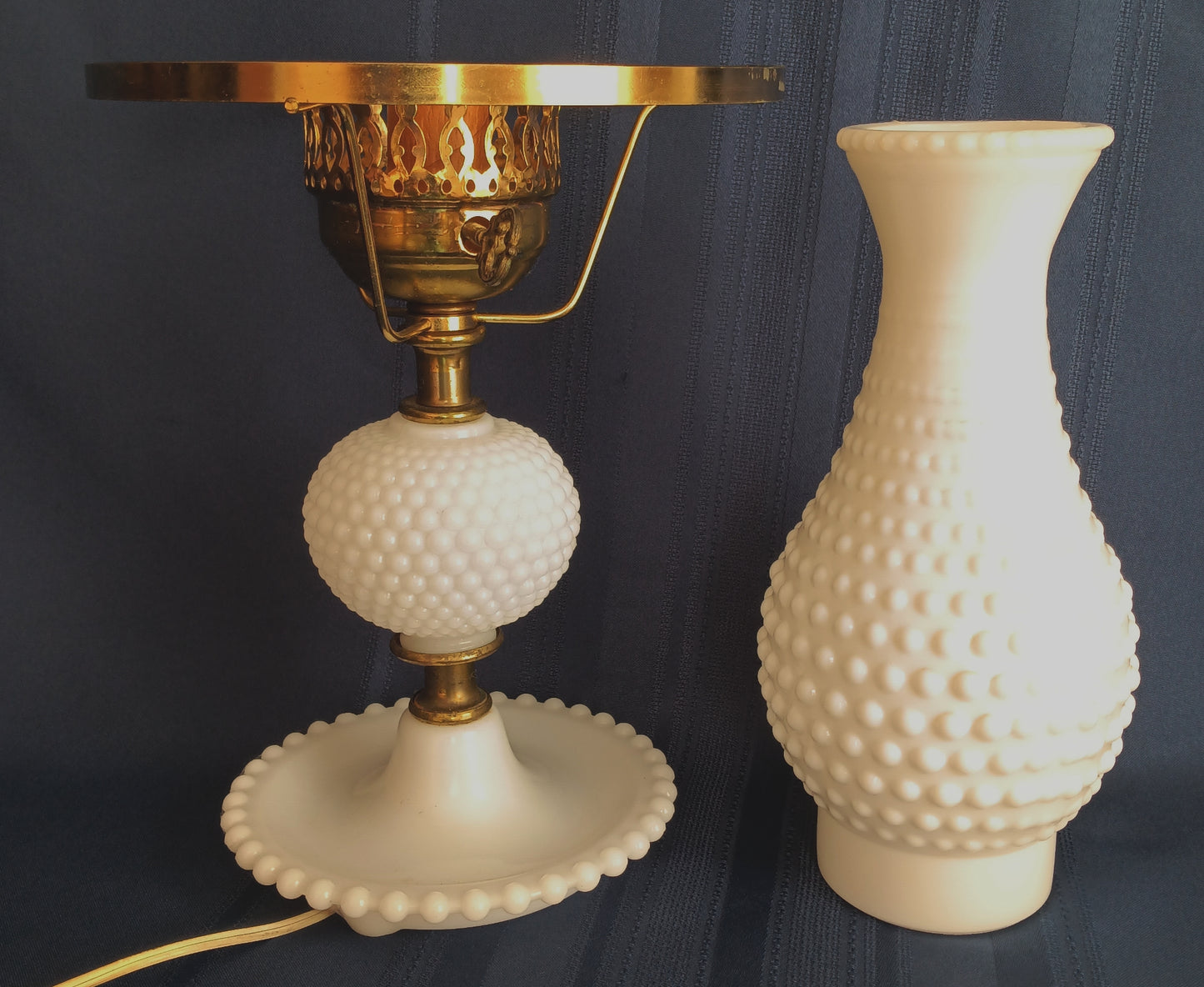 Vintage Milk Glass Hobnail Beaded Footed Table Lamp w/Fenton Hurricane Chimney Shade Desk Boudoir Bedroom Vanity Lamp 18 1/2" Tall