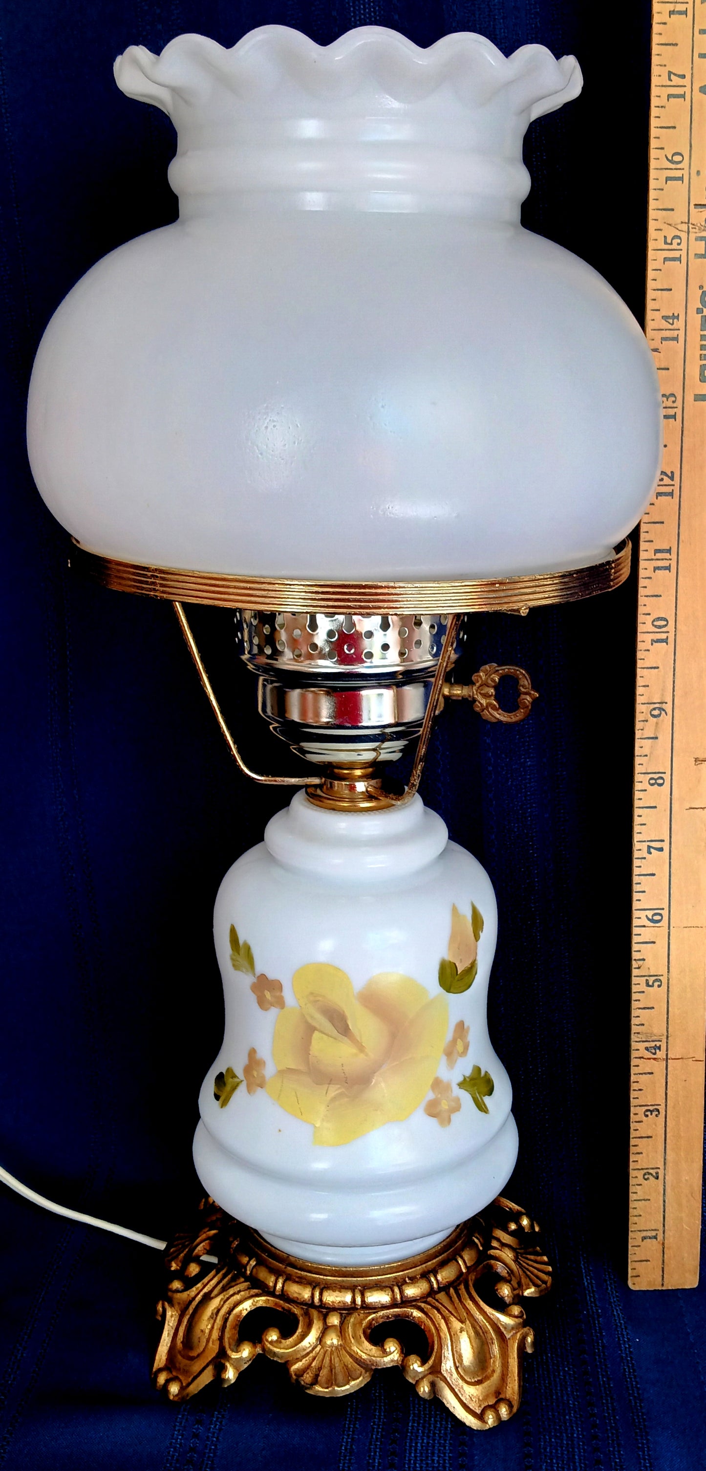 Vintage GWTW Style Milk Glass Table Lamp Painted Yellow Rose Ornate Solid Brass Base Shade w/Scalloped Edge Dresser Desk Parlor Vanity Lamp