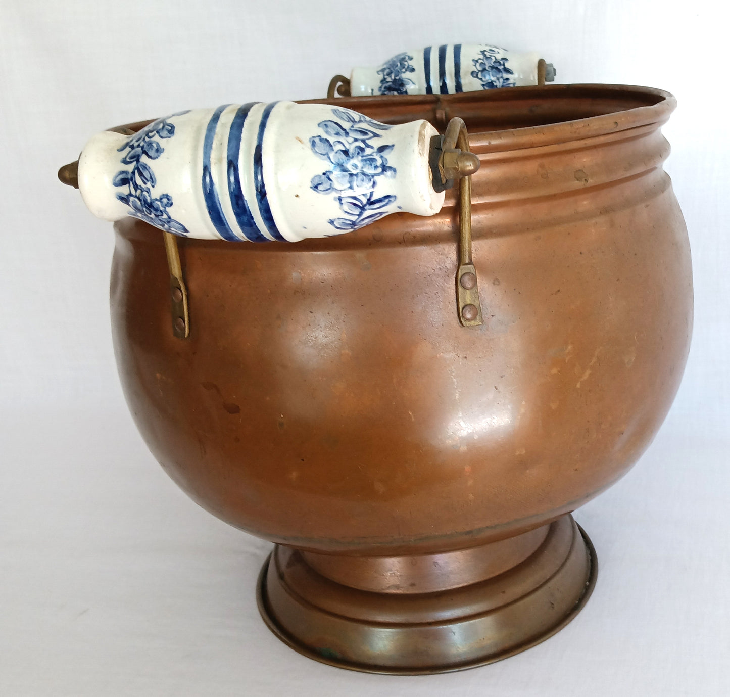 Vintage Dutch Copperware Planter Delft Blue Ceramic Handles Pedestal Large Flower Pot Holder Kitchen Farmhouse Rustic Décor-Made In Ireland