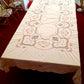 Vintage Handmade Crochet Lace Embroidered Cross Stitch Floral Beige Linen Medallion Rectangle Tablecloth Dining Table Cover 64” W x 94“ L