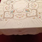 Vintage Handmade Crochet Lace Embroidered Cross Stitch Floral Beige Linen Medallion Rectangle Tablecloth Dining Table Cover 64” W x 94“ L