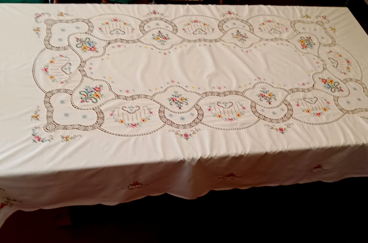 Vintage Handmade Crochet Lace Embroidered Cross Stitch Floral Beige Linen Medallion Rectangle Tablecloth Dining Table Cover 64” W x 94“ L