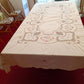 Vintage Handmade Crochet Lace Embroidered Cross Stitch Floral Beige Linen Medallion Rectangle Tablecloth Dining Table Cover 64” W x 94“ L