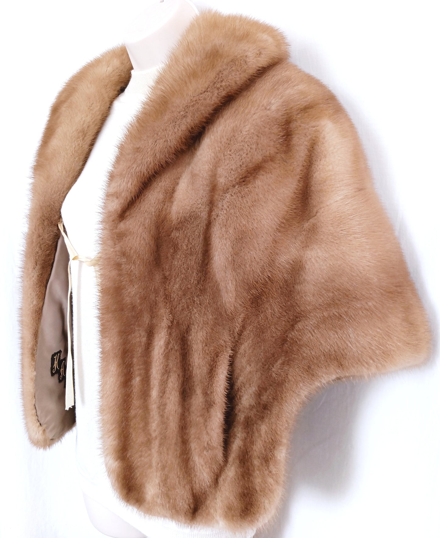 Vintage Blonde Beige Real Mink Fur Cape Stole Open Front Shawl Collar Pockets Women Outerwear Wrap Wedding Bridal Bolero Size S