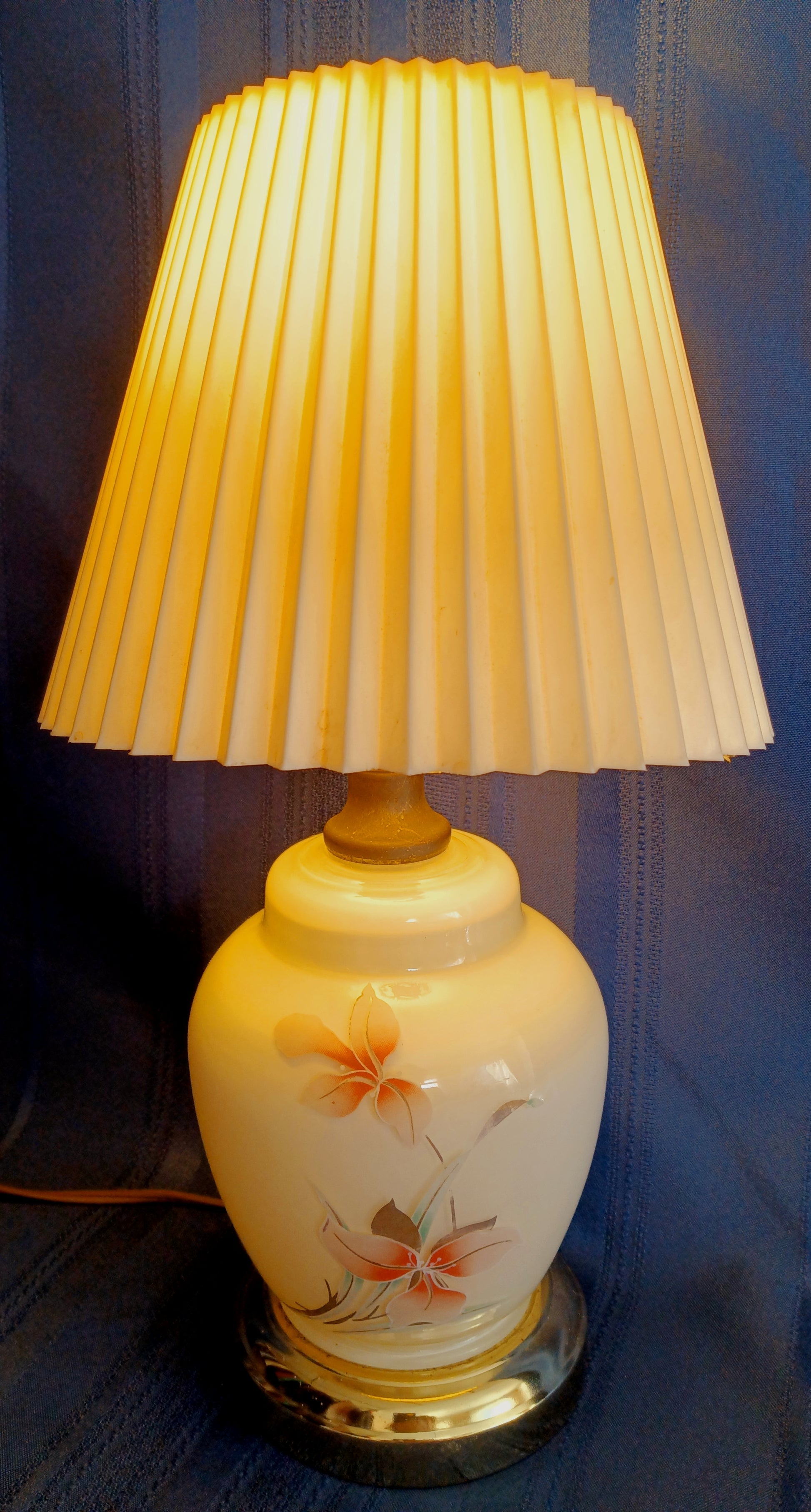 French Vintage Yellow Lamp With Floral Cast Metal Base French 