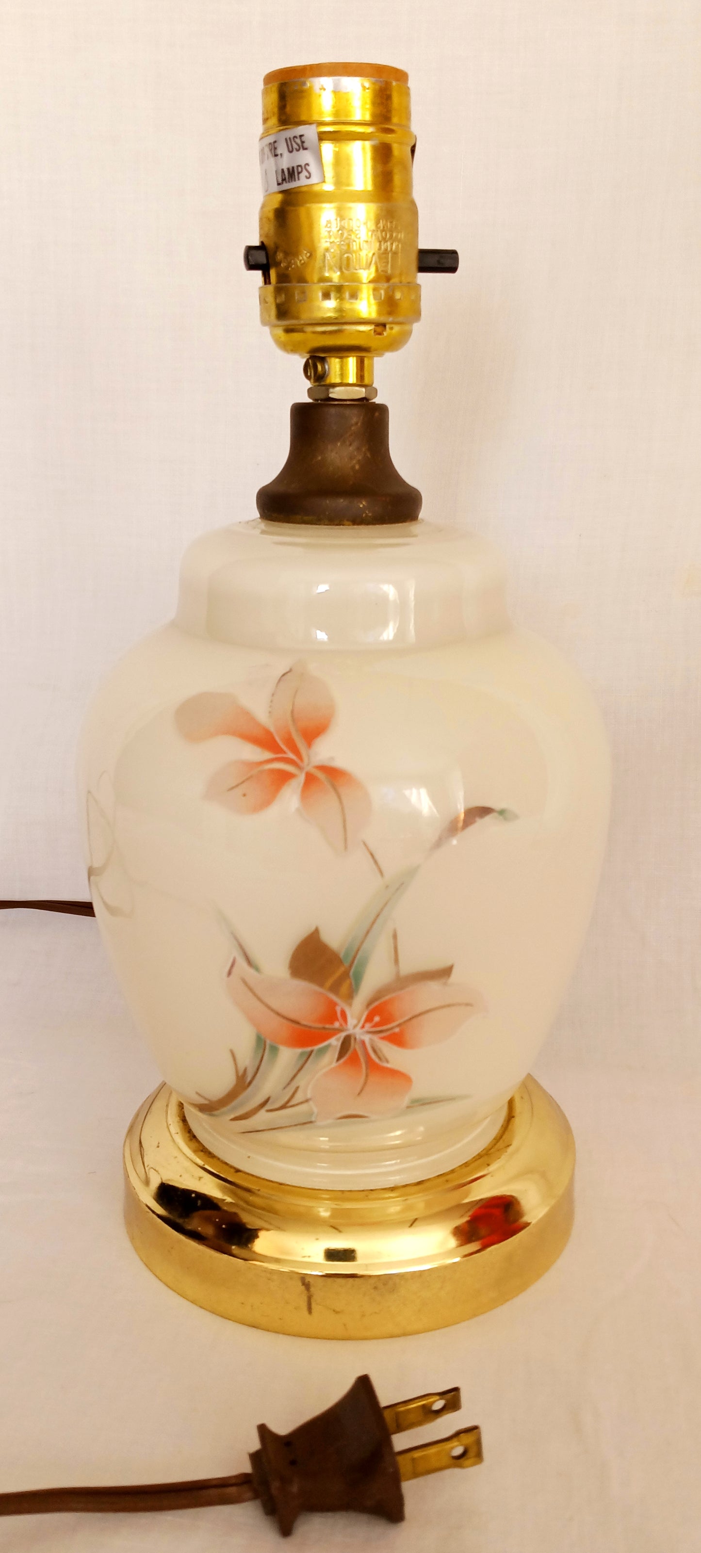 Vintage Table Lamp Off White Glass Brass Base Fine Painted Pink Flowers Design Gilt Accent Vanity Dresser Nightstand Medium Size Lamp Light