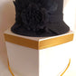 Vintage Women Hat Elegant Adora Black Wool Cloche Bowler Bucket Cap Black Felt Feather Flower Accent Trim Brim Lady Headwear Size 22 w/Box