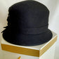 Vintage Women Hat Elegant Adora Black Wool Cloche Bowler Bucket Cap Black Felt Feather Flower Accent Trim Brim Lady Headwear Size 22 w/Box