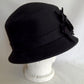 Vintage Women Hat Elegant Adora Black Wool Cloche Bowler Bucket Cap Black Felt Feather Flower Accent Trim Brim Lady Headwear Size 22 w/Box