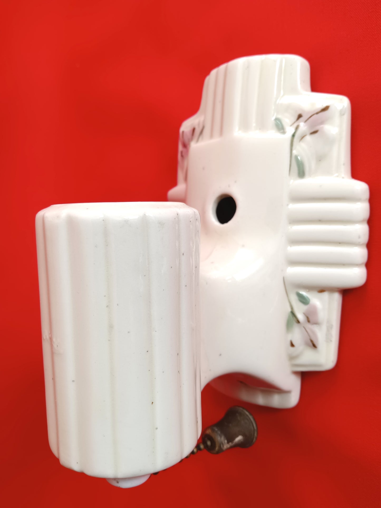 Vintage Art Deco One Light Floral Off White Glazed Ceramic Porcelain Sconce Plug In Pull Chain Bathroom Flush Mount Fixture Retro Lighting