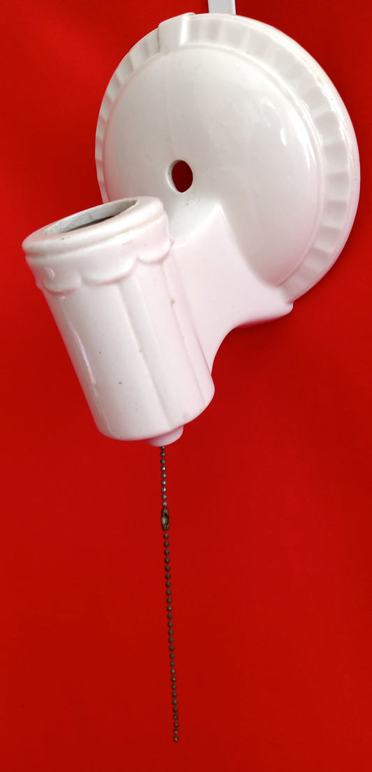 Antique Vintage One Light White Glazed Ceramic Porcelain Round Sconce Plug In Pull Chain Bathroom Flush Mount Fixture Retro Lighting