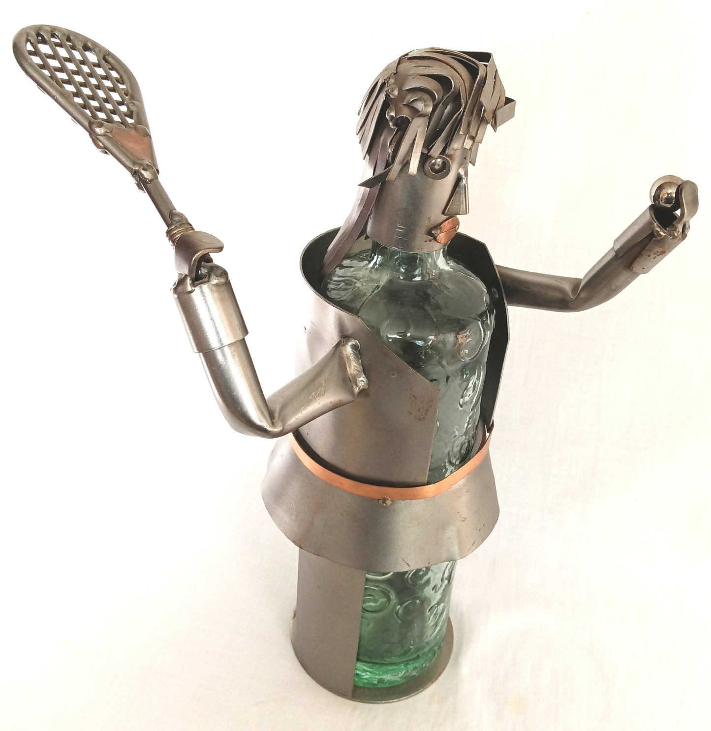 Metal Art Sculpture Female Tennis Player Figurine Steel Copper Wine Bottle Holder Caddy w/ Embossed Green Glass Bottle