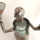 Metal Art Sculpture Female Tennis Player Figurine Steel Copper Wine Bottle Holder Caddy w/ Embossed Green Glass Bottle