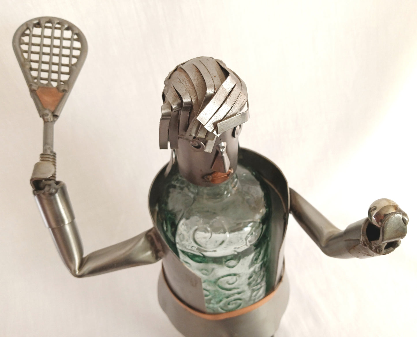 Metal Art Sculpture Female Tennis Player Figurine Steel Copper Wine Bottle Holder Caddy w/ Embossed Green Glass Bottle