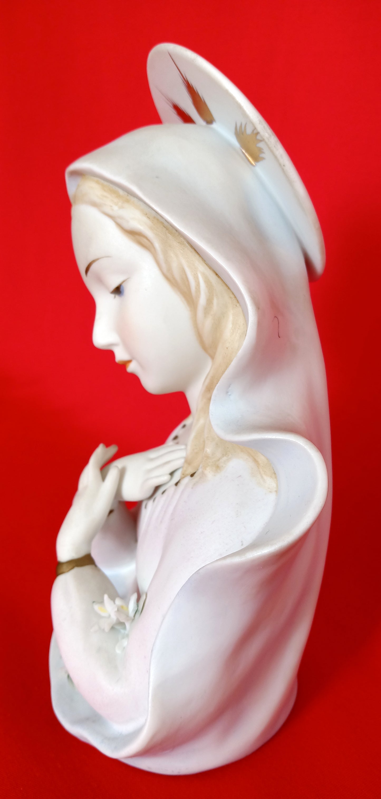Lefton China Mary Madonna Bust Figurine Hand Painted Gilded Pastels Bisque Porcelain Statuette Catholic Religious Décor 7 1/2"H-Japan