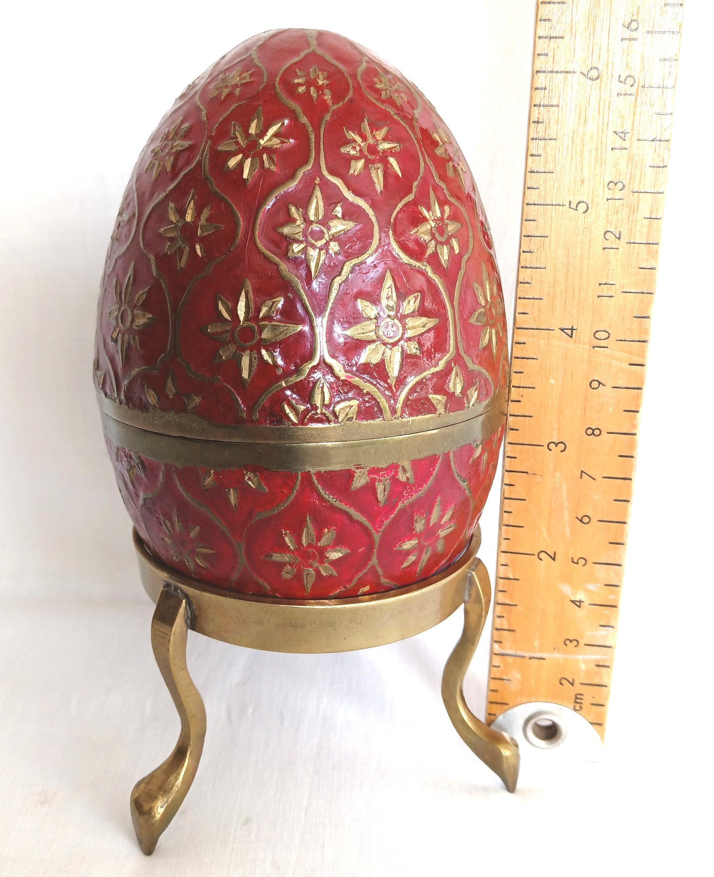 Vintage Cloisonné Large Egg Shaped Red Enamel Brass Floral Design Egg Opens in the Middle Solid Brass Stand Trinket Box-Made in India