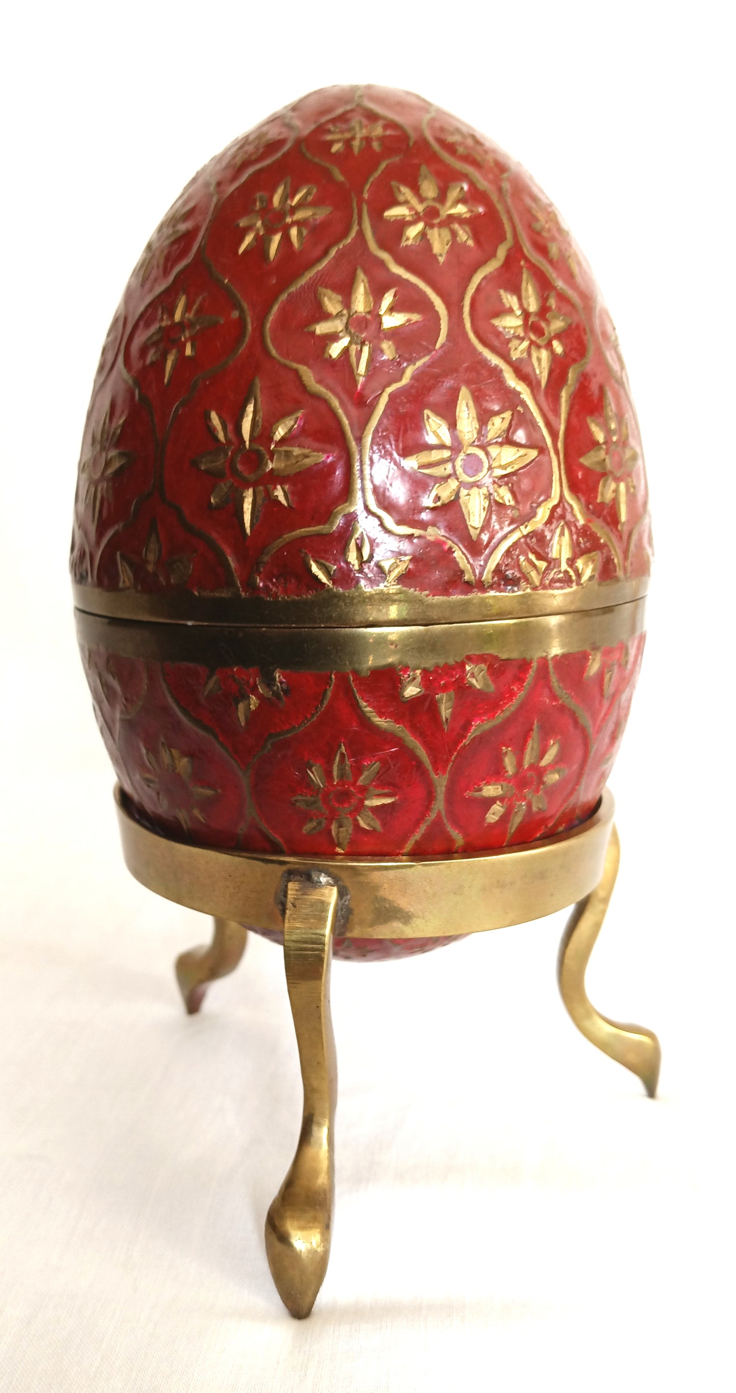 Vintage Cloisonné Large Egg Shaped Red Enamel Brass Floral Design Egg Opens in the Middle Solid Brass Stand Trinket Box-Made in India