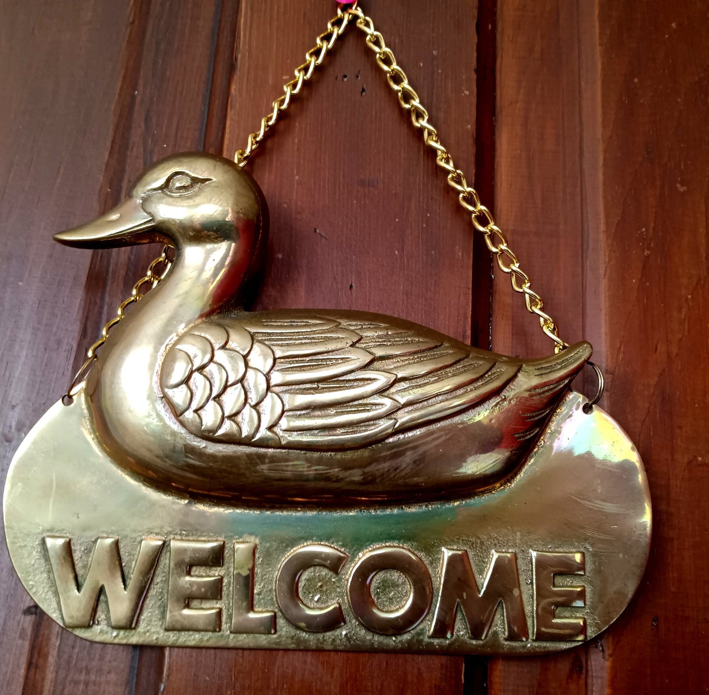 Vintage Brass Duck Welcome Door Plaque w/ Hanging Chain Mallard Duck Welcome Sign Home Décor-NOS