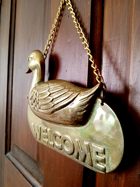 Vintage Brass Duck Welcome Door Plaque w/ Hanging Chain Mallard Duck Welcome Sign Home Décor-NOS