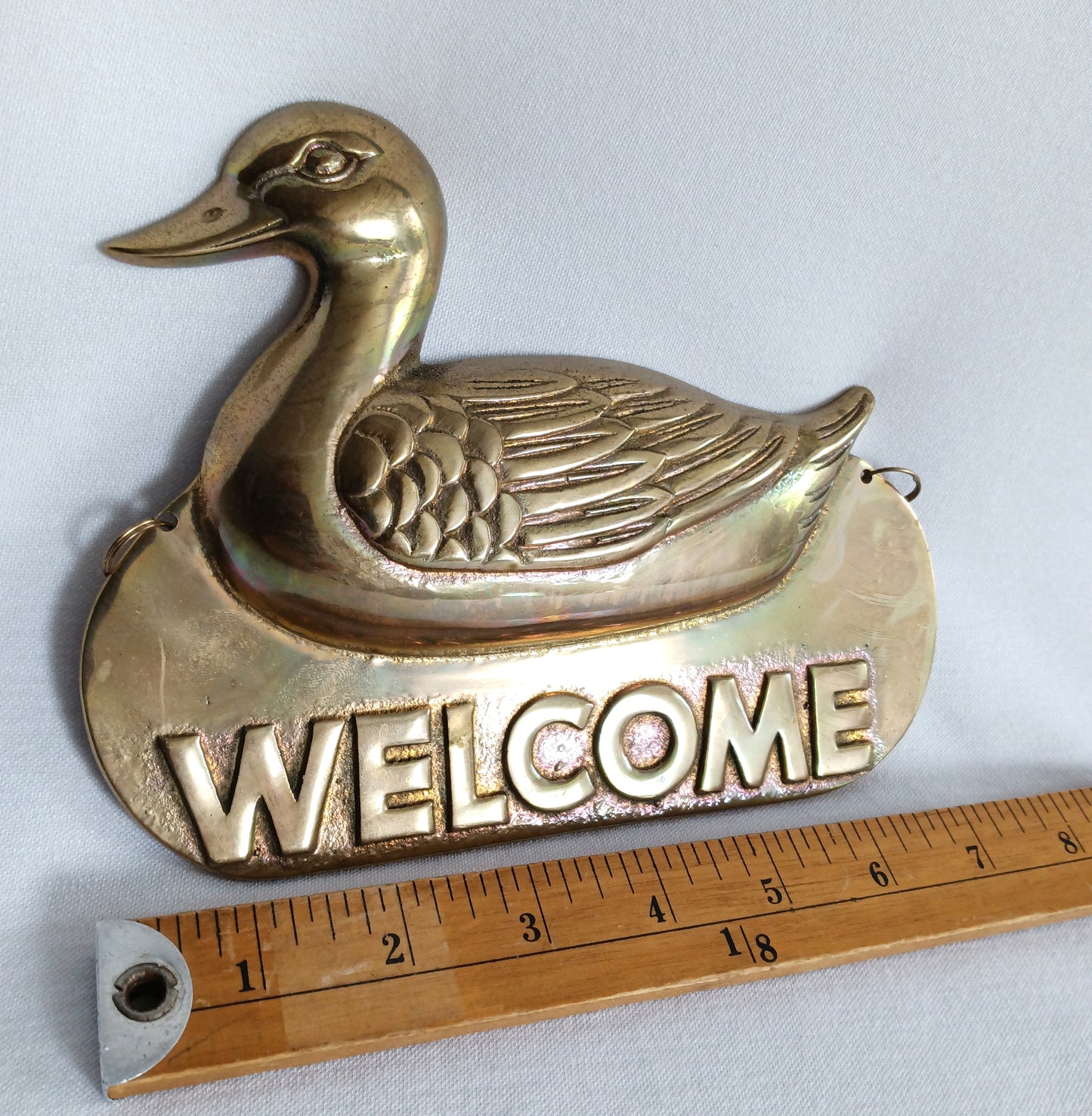 Vintage Brass Duck Welcome Door Plaque w/ Hanging Chain Mallard Duck Welcome Sign Home Décor-NOS