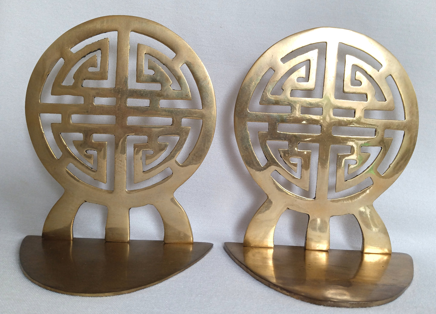 Vintage Pair of Solid Brass Round Bookends Chinese Shou Symbol Design Oriental Asian Home Decor