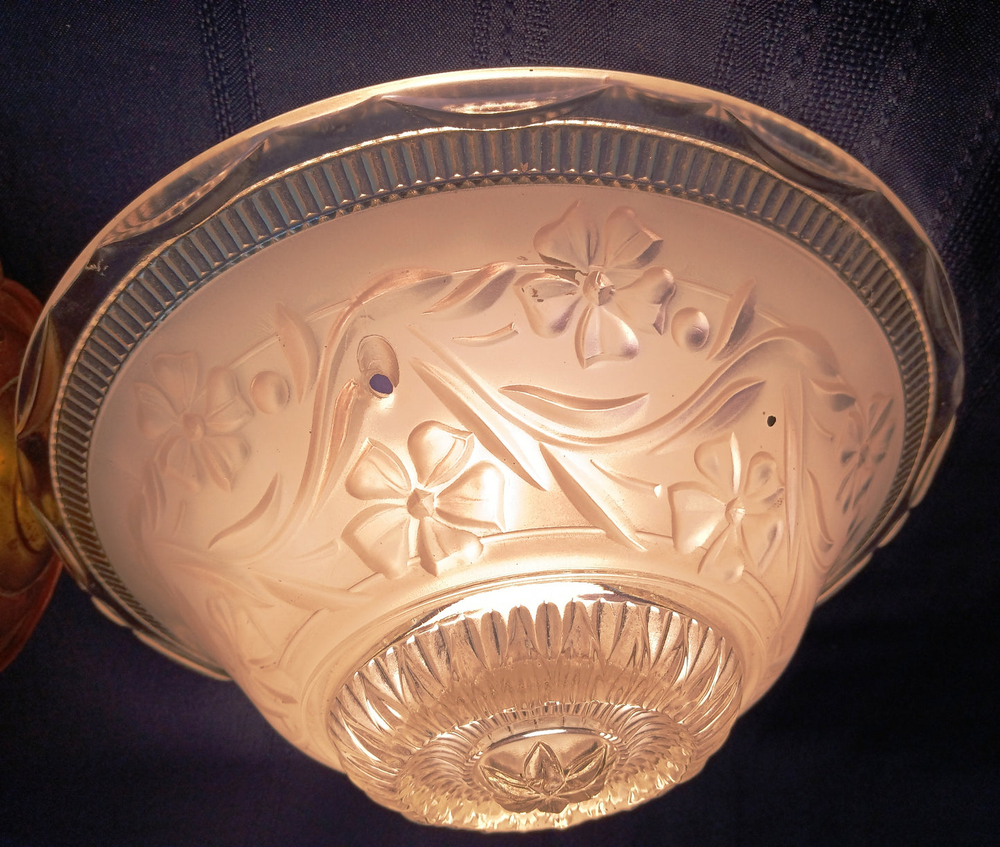 Vintage Art Deco Lampshade White Raised Floral Design and Clear Glass Round Shade Ceiling Pendant Light 3 Holes Scalloped Rim 10 1/2” D