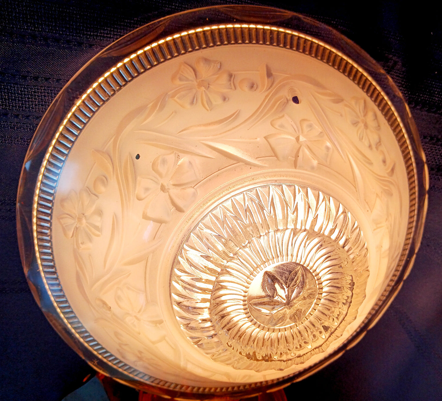 Vintage Art Deco Lampshade White Raised Floral Design and Clear Glass Round Shade Ceiling Pendant Light 3 Holes Scalloped Rim 10 1/2” D