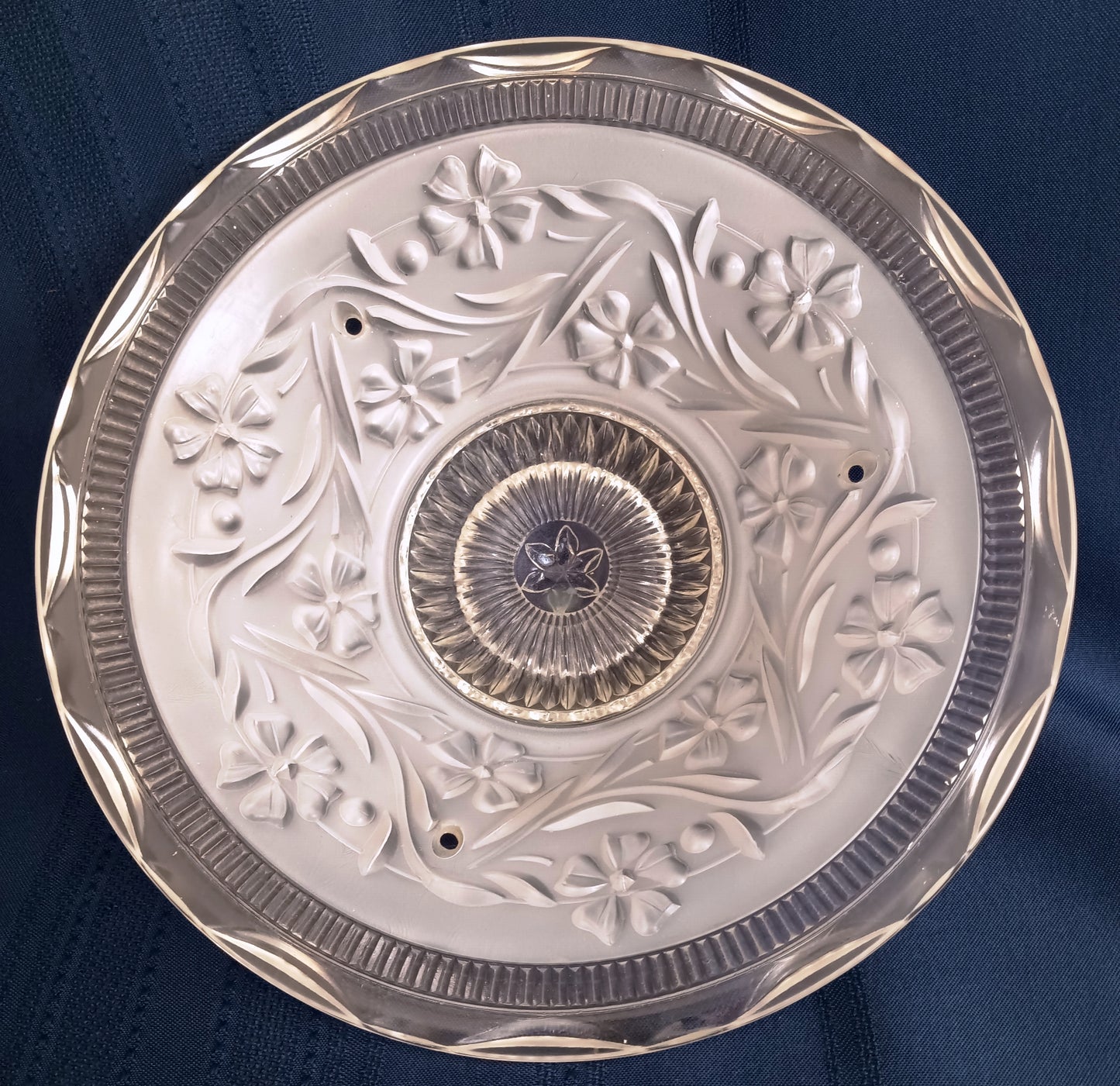 Vintage Art Deco Lampshade White Raised Floral Design and Clear Glass Round Shade Ceiling Pendant Light 3 Holes Scalloped Rim 10 1/2” D