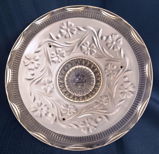 Vintage Art Deco Lampshade White Raised Floral Design and Clear Glass Round Shade Ceiling Pendant Light 3 Holes Scalloped Rim 10 1/2” D