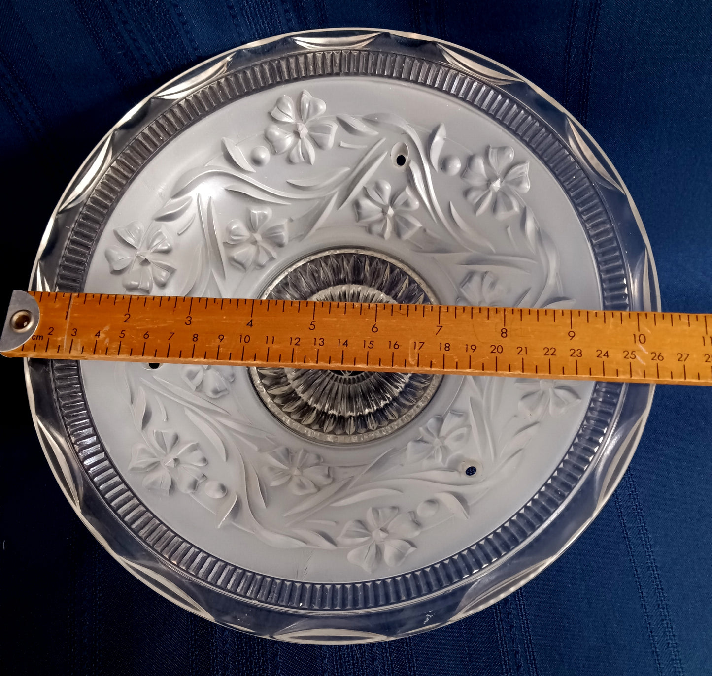 Vintage Art Deco Lampshade White Raised Floral Design and Clear Glass Round Shade Ceiling Pendant Light 3 Holes Scalloped Rim 10 1/2” D