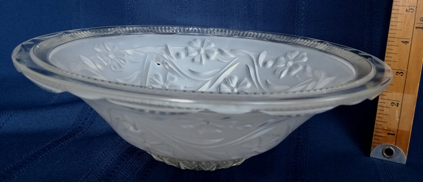 Vintage Art Deco Lampshade White Raised Floral Design and Clear Glass Round Shade Ceiling Pendant Light 3 Holes Scalloped Rim 10 1/2” D