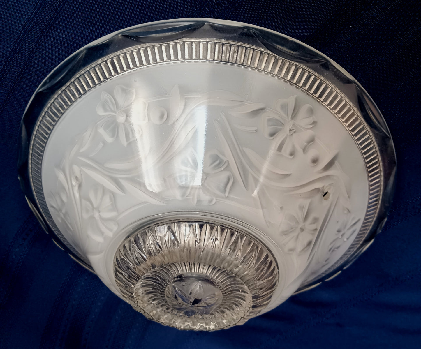 Vintage Art Deco Lampshade White Raised Floral Design and Clear Glass Round Shade Ceiling Pendant Light 3 Holes Scalloped Rim 10 1/2” D