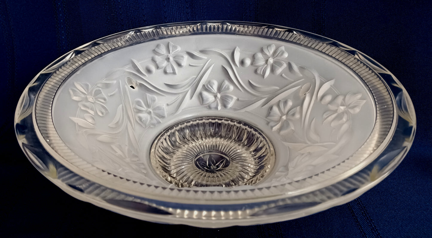 Vintage Art Deco Lampshade White Raised Floral Design and Clear Glass Round Shade Ceiling Pendant Light 3 Holes Scalloped Rim 10 1/2” D