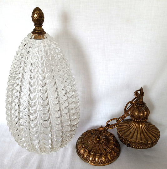 Hollywood Regency Large Pendant L&L WMC Light Fixture Clear Glass Beehive Shaped Shade Nemo1972 Finial Chain Canopy Hanging Lamp Retro