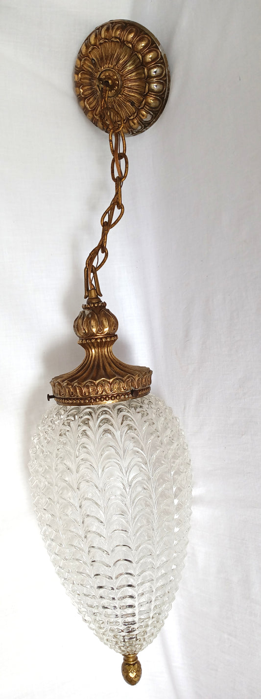 Hollywood Regency Large Pendant L&L WMC Light Fixture Clear Glass Beehive Shaped Shade Nemo1972 Finial Chain Canopy Hanging Lamp Retro