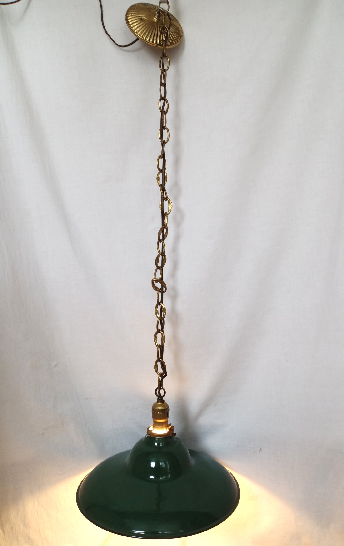 Vintage Industrial Large Pendant Light Fixture Green Enamel Cone Shape Shade Metal Chain Canopy Plug In Hanging Lamp Retro Lighting