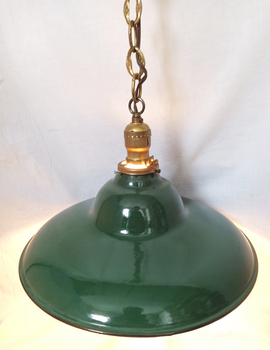 Vintage Industrial Large Pendant Light Fixture Green Enamel Cone Shape Shade Metal Chain Canopy Plug In Hanging Lamp Retro Lighting