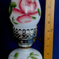 Vintage Milk Glass Hurricane Electric Lamp Footed Base Painted Red Rose Flowers Chimney Shade Bedroom End Table Lamp Country Décor